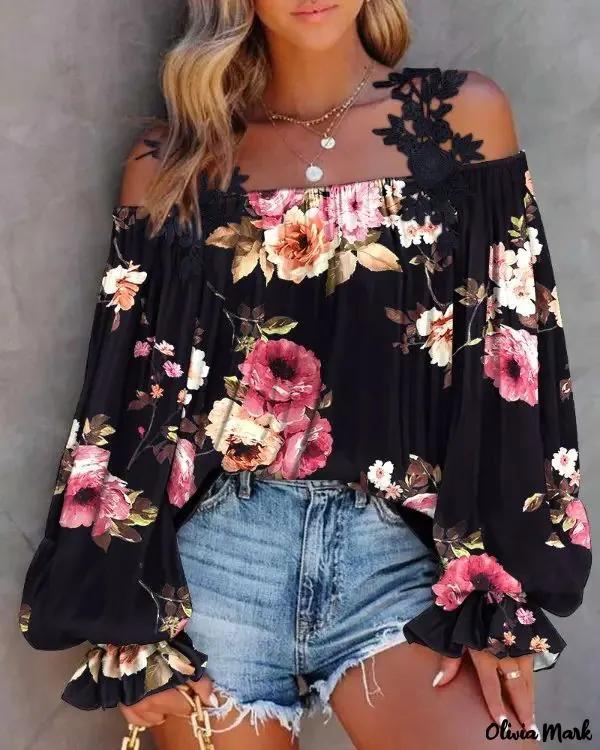 Olivia Mark – Floral Print Lace Patch Off Shoulder Top Product Image