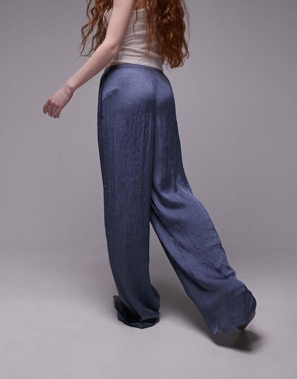 Topshop crinkle satin wide leg pull on pants in air force blue Product Image