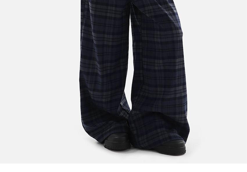 Elastic Waist Plaid Wide Leg Pants Product Image