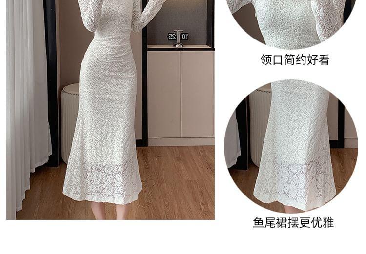 Long-Sleeve V-Neck Midi Lace Mermaid Dress Product Image