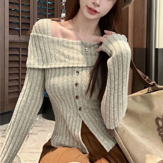 Long Sleeve Square-Neck Plain Ribbed-Knit Button-Detail Slim-Fit Sweater Product Image