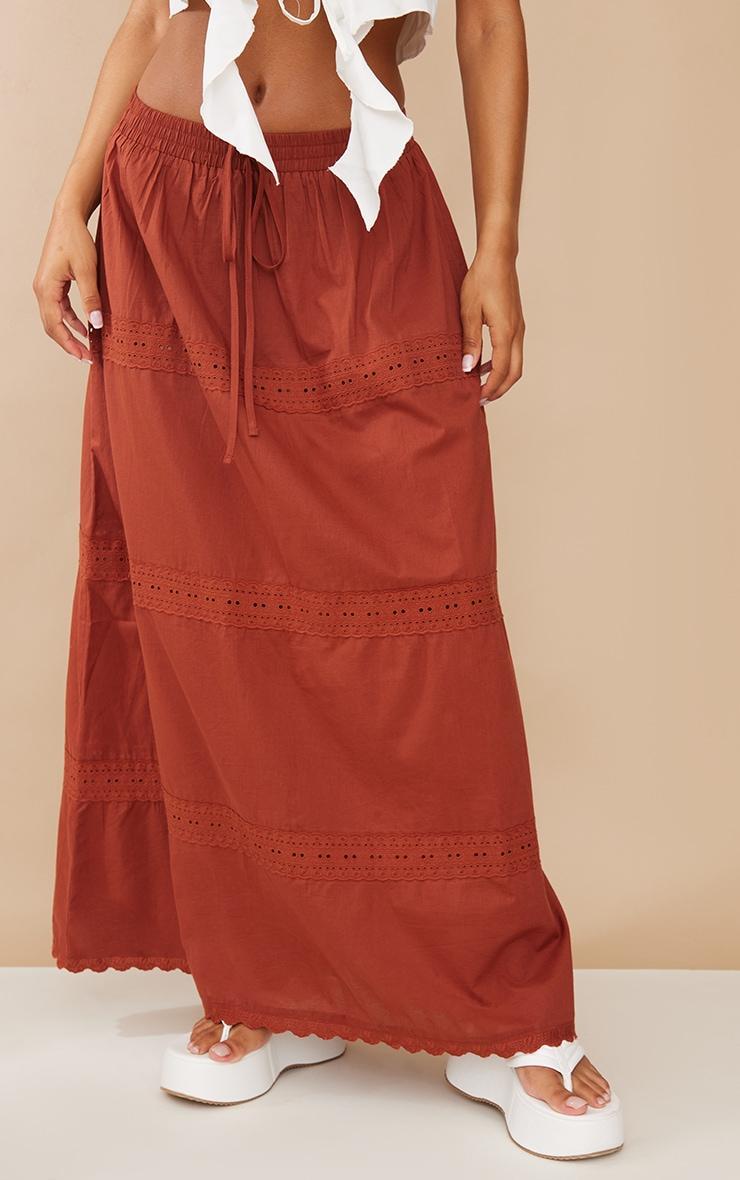 Rust Cotton Poplin Lace Detail Maxi Skirt Product Image