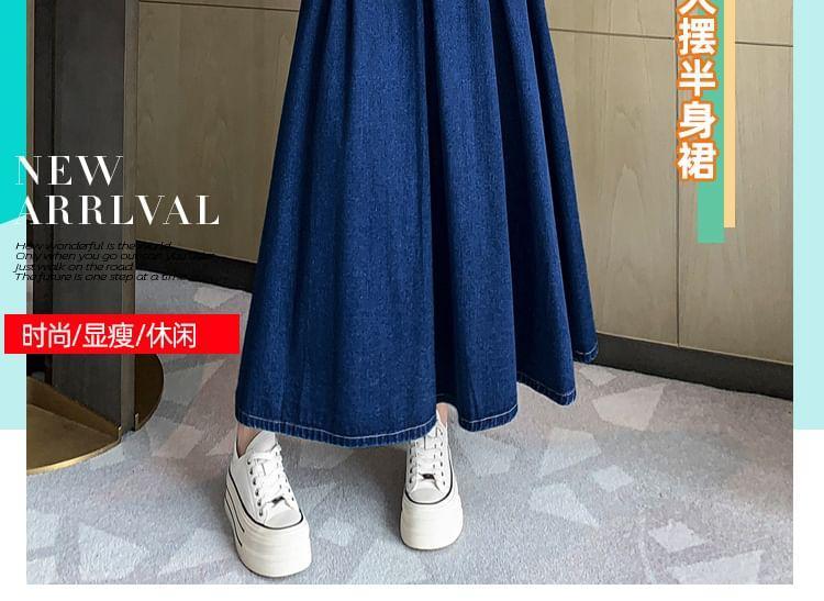 High Waist Washed Pleated Maxi A-Line Denim Skirt / Belt Product Image