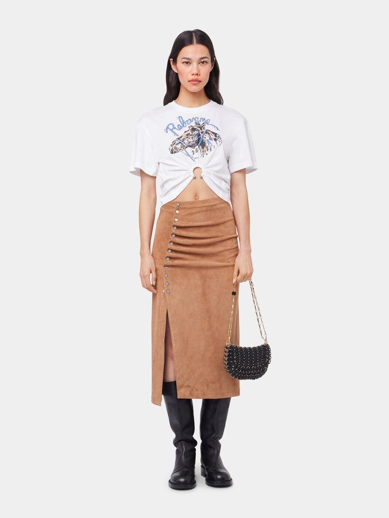 CARAMEL LONG DRAPED SKIRT IN LEATHER Product Image