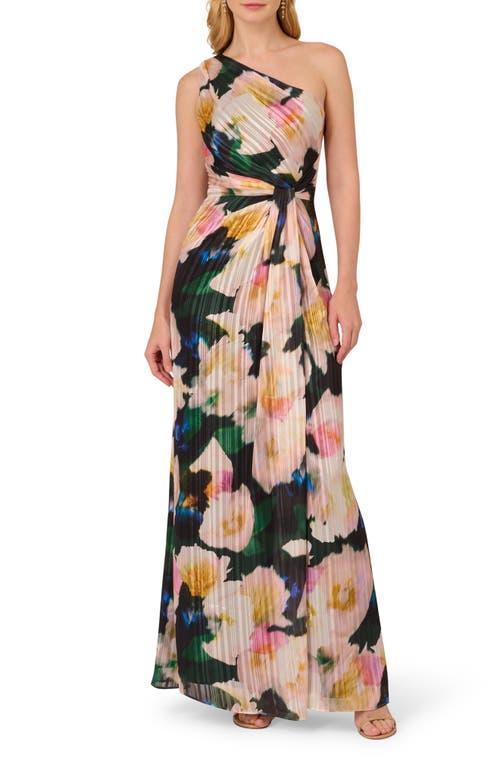 Adrianna Papell Pleated Floral One-Shoulder Chiffon Gown Product Image