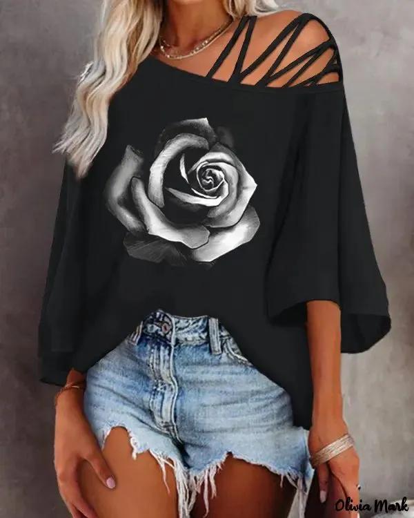 Olivia Mark – Rose Print Off-the-Shoulder Batwing Sleeve Top Product Image