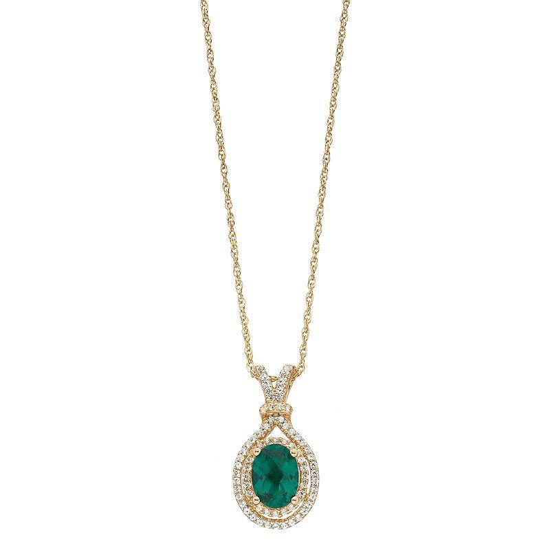 14k Gold Over Silver Lab-Created Emerald & Lab-Created White Sapphire Oval Halo Pendant, Womens Gold Tone Product Image