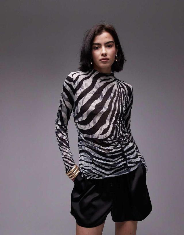 Topshop animal printed crinkle long sleeve high neck top in mono Product Image