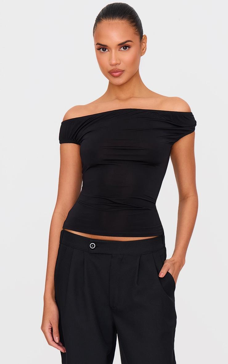 Black Slinky Asymmetric Bardot Long Top Product Image