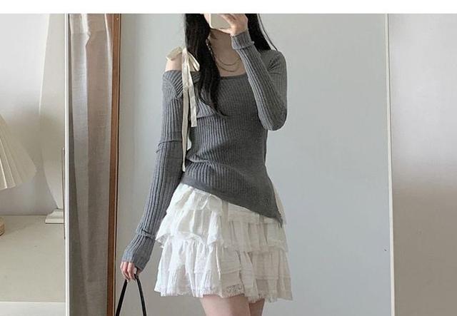 High Rise Plain Lace Trim Tiered Mini A-Line Skirt Product Image