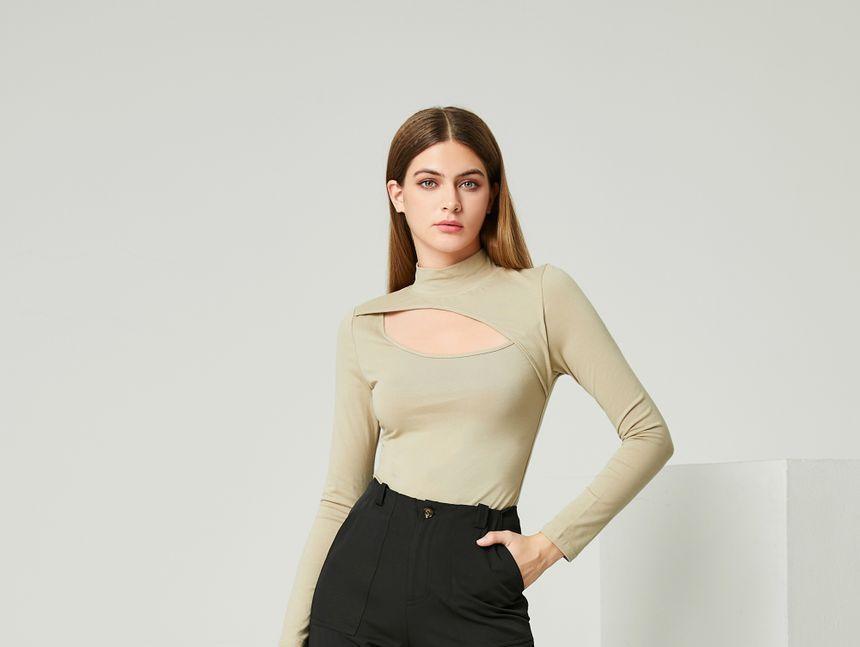 Eco-Friendly Long-Sleeve Mock-Neck  Cutout Top Product Image