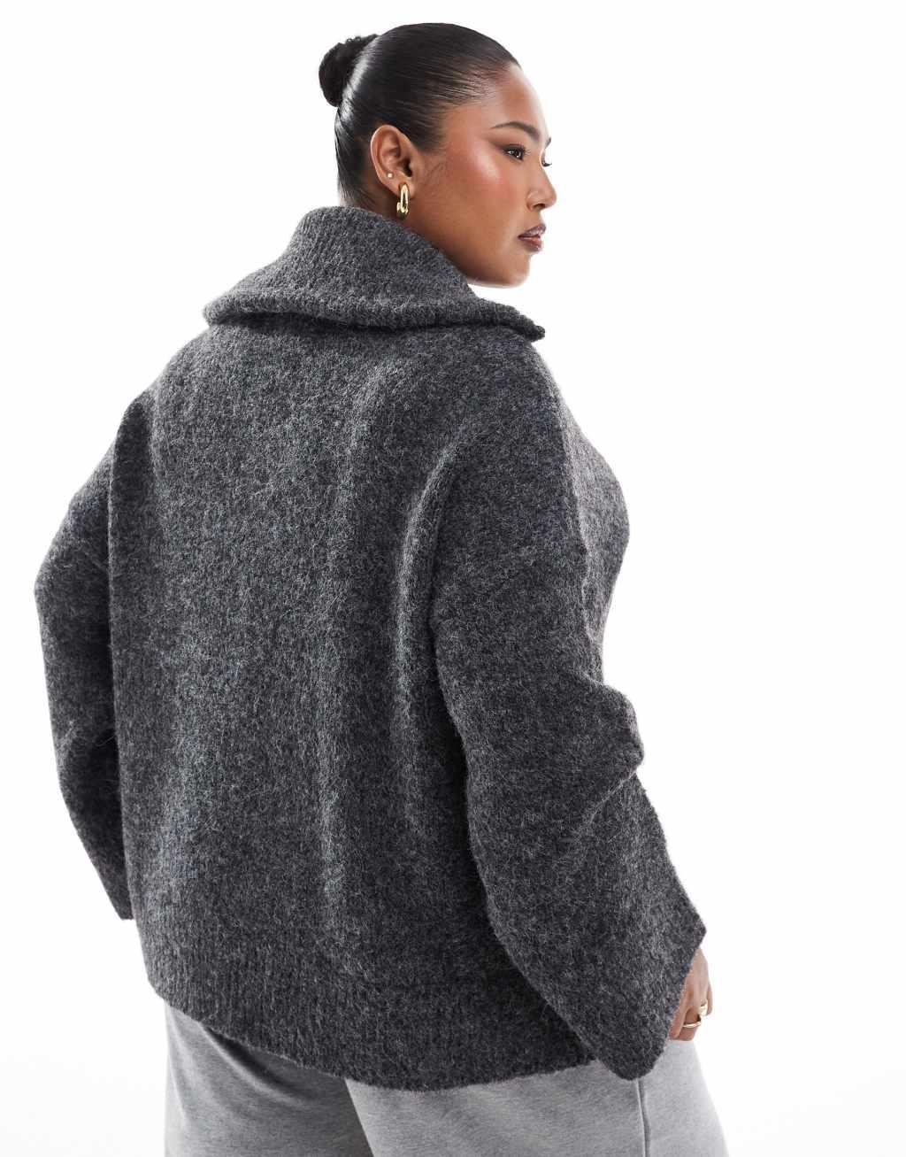 ASOS DESIGN Curve zip neck sweater in fluffy yarn in charcoal Product Image