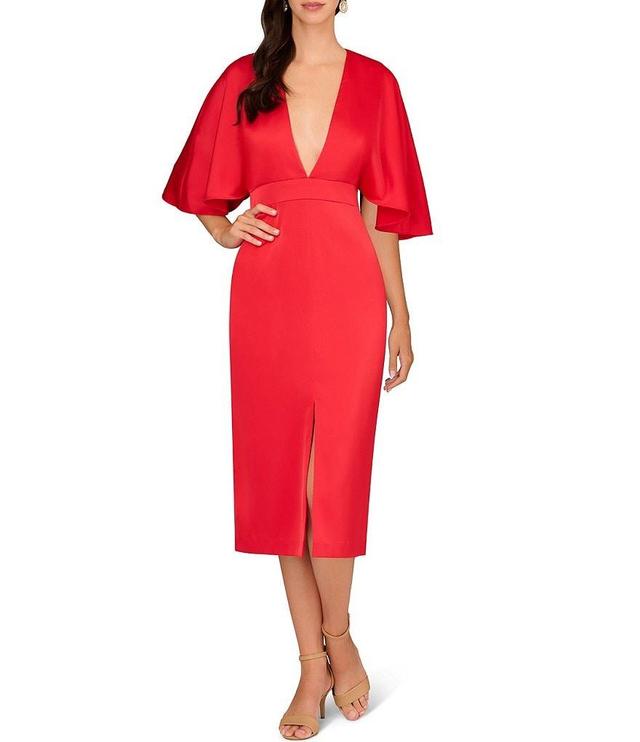 Aidan Mattox Crepe Back Satin V-Neck Short Flutter Sleeve Front Slit Midi Dress Product Image