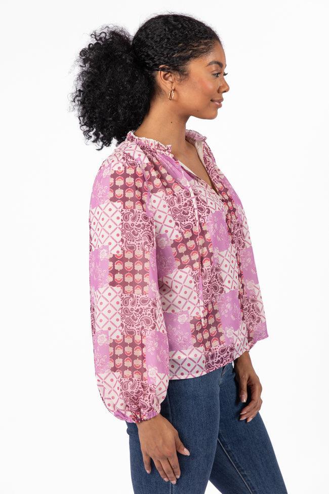 Fade Into You Purple Multi Button Detail Printed Blouse Product Image