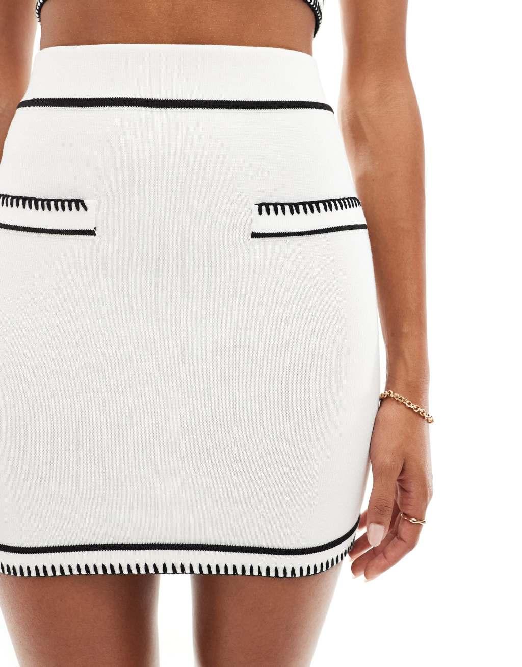 SNDYS knit mini skirt with pocket detail in white with black stitch - part of a set Product Image