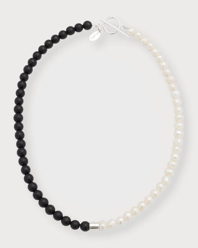 Mens Sterling Silver Freshwater Pearl & Black Agate Bead Necklace Product Image