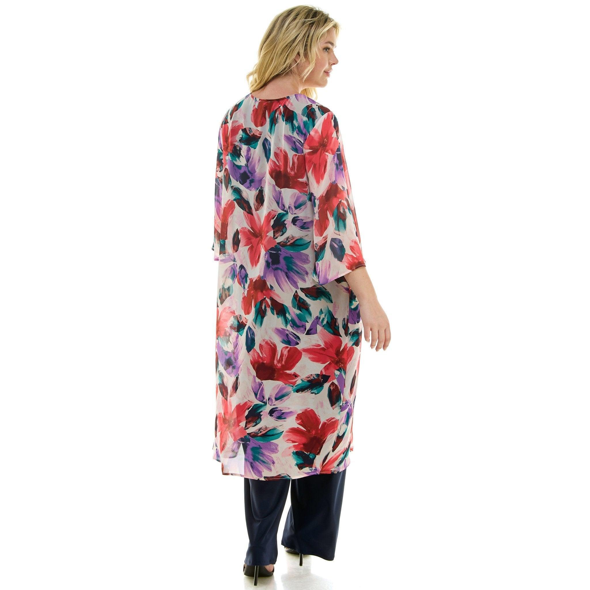 Sara Michelle Floral 3/4 2Fer Duster W/ Necklace And Elastic Pull On Pant - Plus Product Image