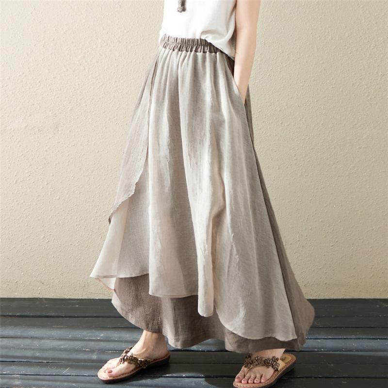 High Rise Two Tone Asymmetrical Maxi A-Line Skirt Product Image