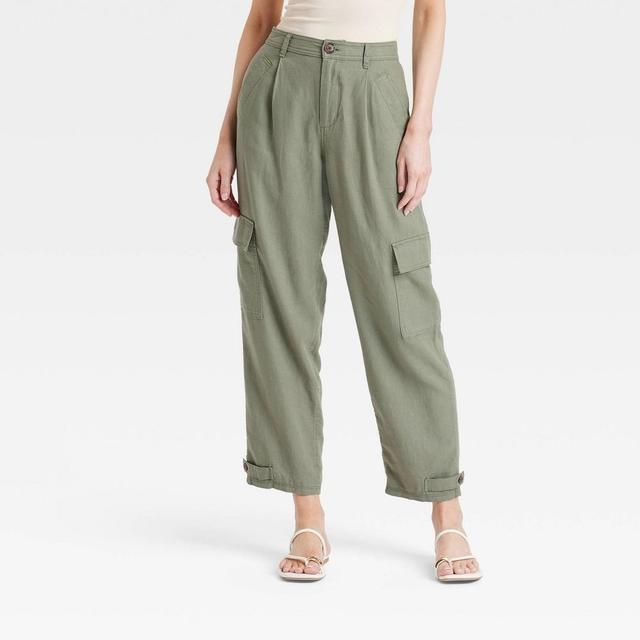 Womens High-Rise Straight Leg Linen Cargo Pants - A New Day Olive 10 Product Image