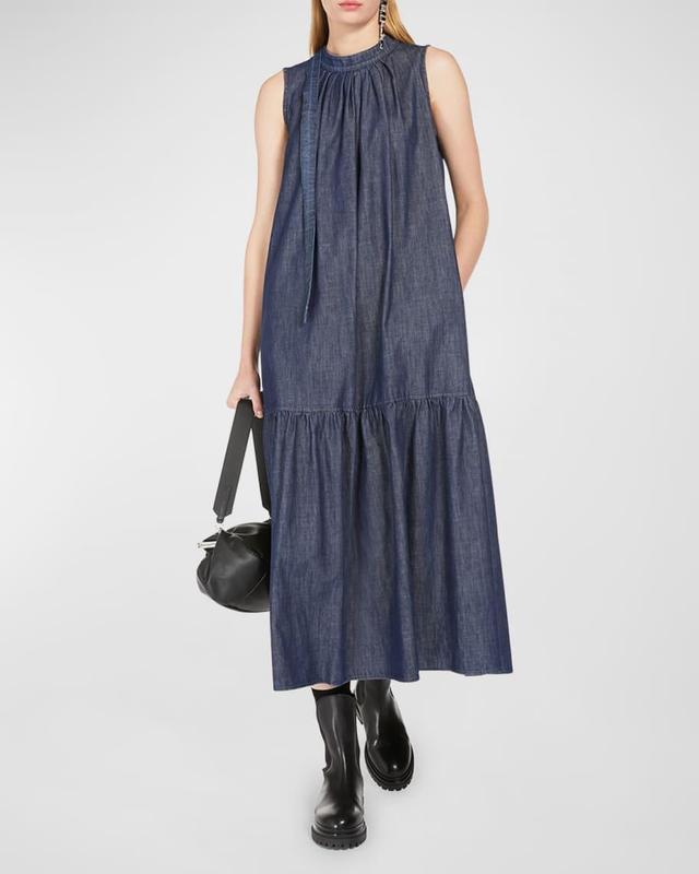 Turchia Pleated Cotton Chambray Midi Dress Product Image