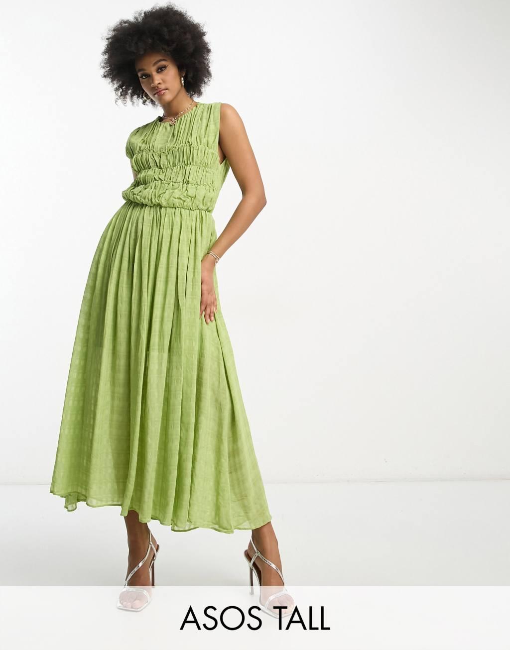 ASOS DESIGN Tall gathered textured high/low midi dress in pistachio Product Image