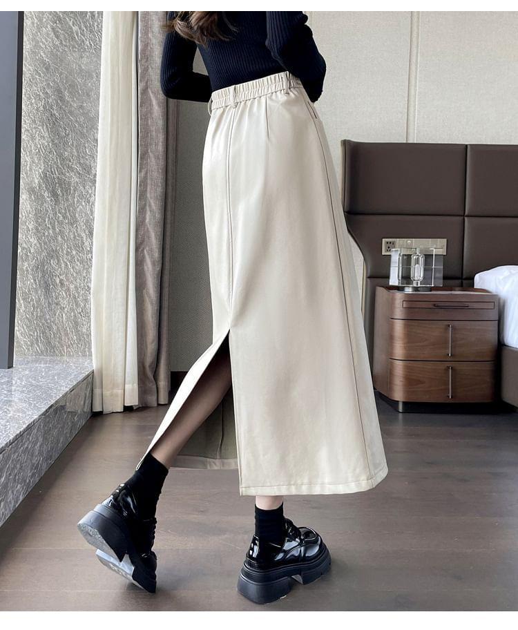 High Waist Plain Slit Faux Leather Midi A-Line Skirt Product Image