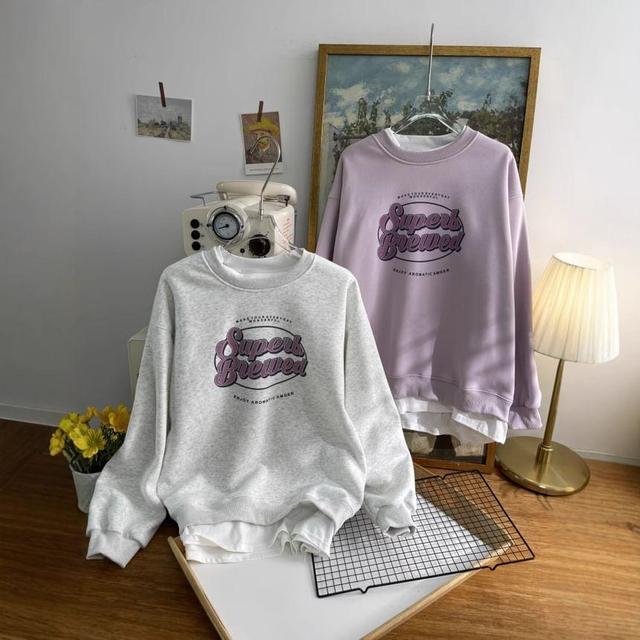 Drop Shoulder Round Neck Lettering Mock Two Piece Sweatshirt Product Image