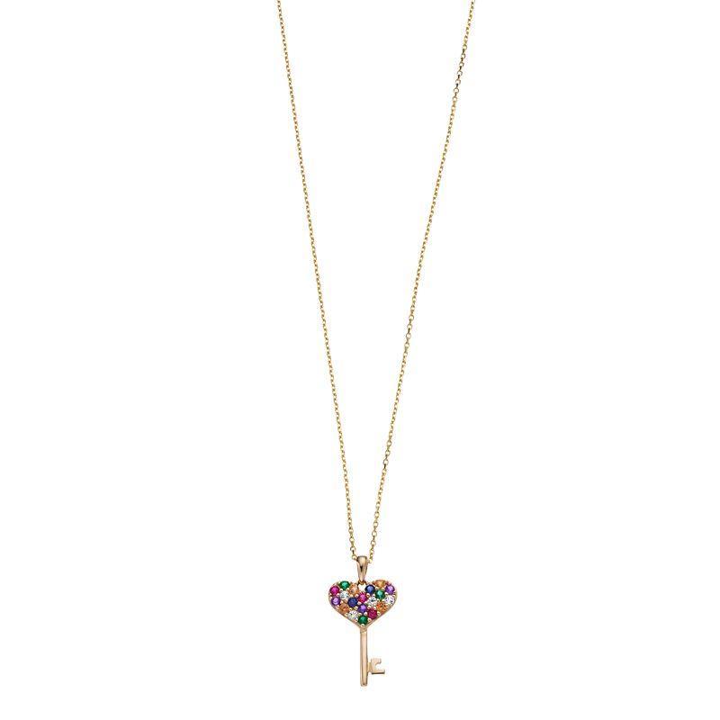 10k Gold Multi Gemstone Heart Key Pendant Necklace, Womens Multicolor Product Image