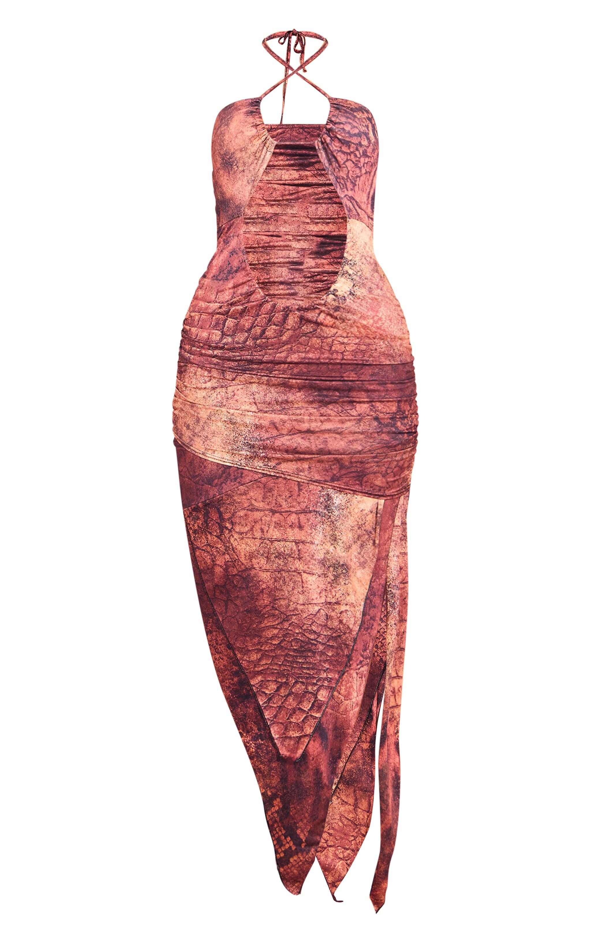 Brown Abstract Printed Slinky Halterneck Cut Out Maxi Dress Product Image