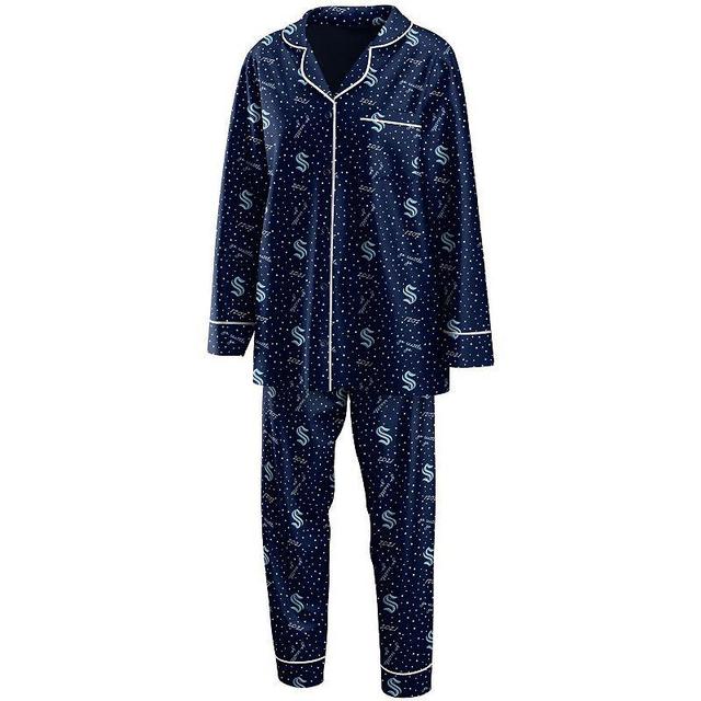 Womens WEAR by Erin Andrews Deep Sea Blue Seattle Kraken Long Sleeve Button-Up Shirt & Pants Sleep Set Product Image