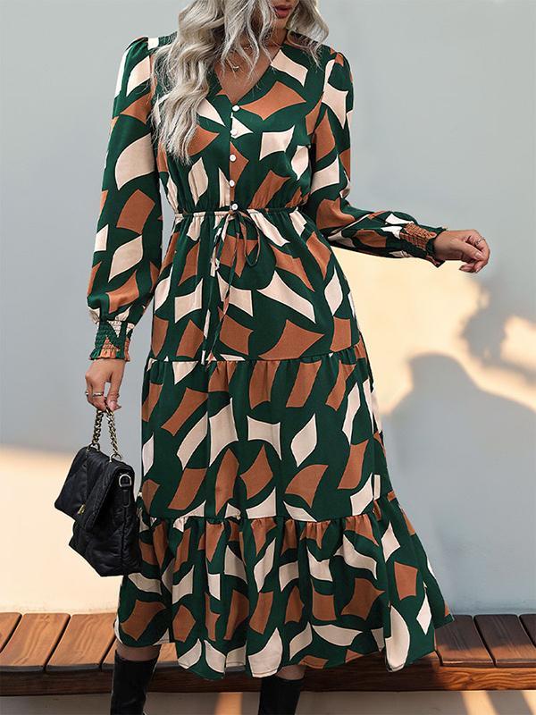 A-Line Long Sleeves Buttoned Elasticity Pleated Printed Split-Joint Tied Waist V-Neck Midi Dresses Product Image