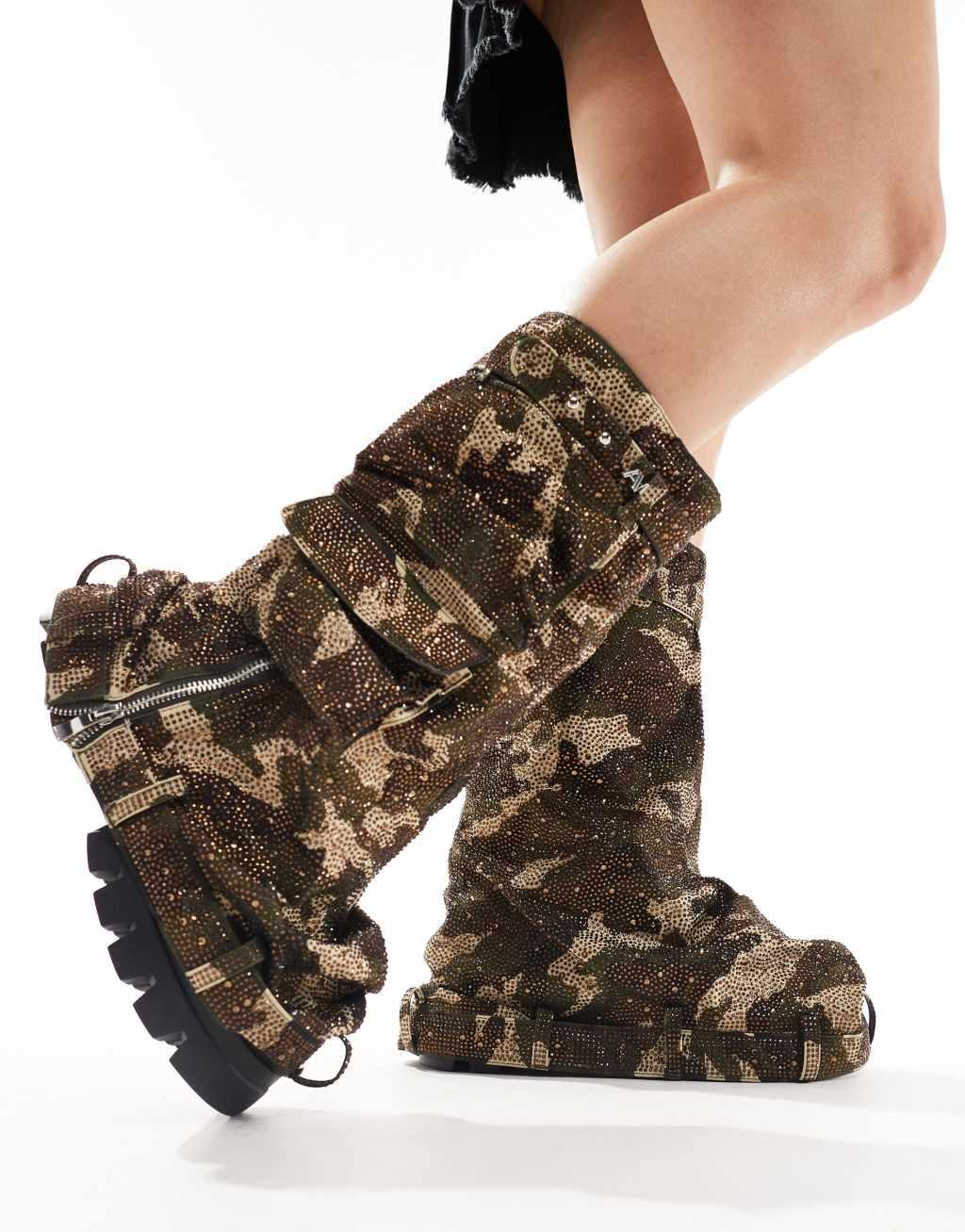 Azalea Wang Angela1 rhinestone covered chunky knee boot in camo Product Image