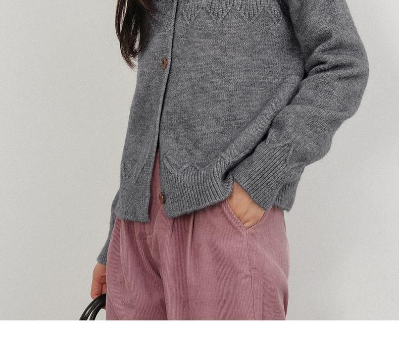 Crew Neck Plain Cable Knit Button-Up Cardigan Product Image