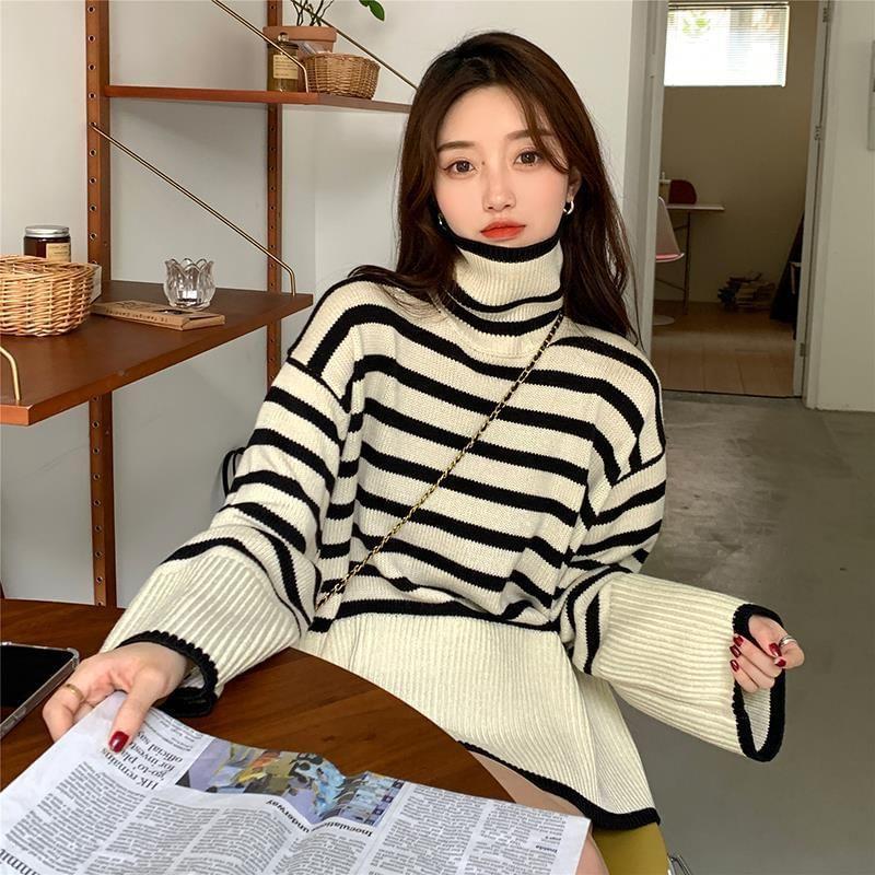 Turtleneck Striped Slit Sweater Product Image