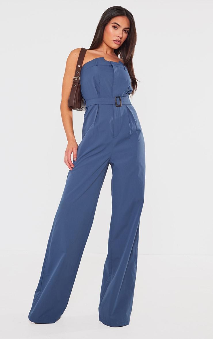 Dark Blue Woven Belted Bandeau Wide Leg Jumpsuit Product Image