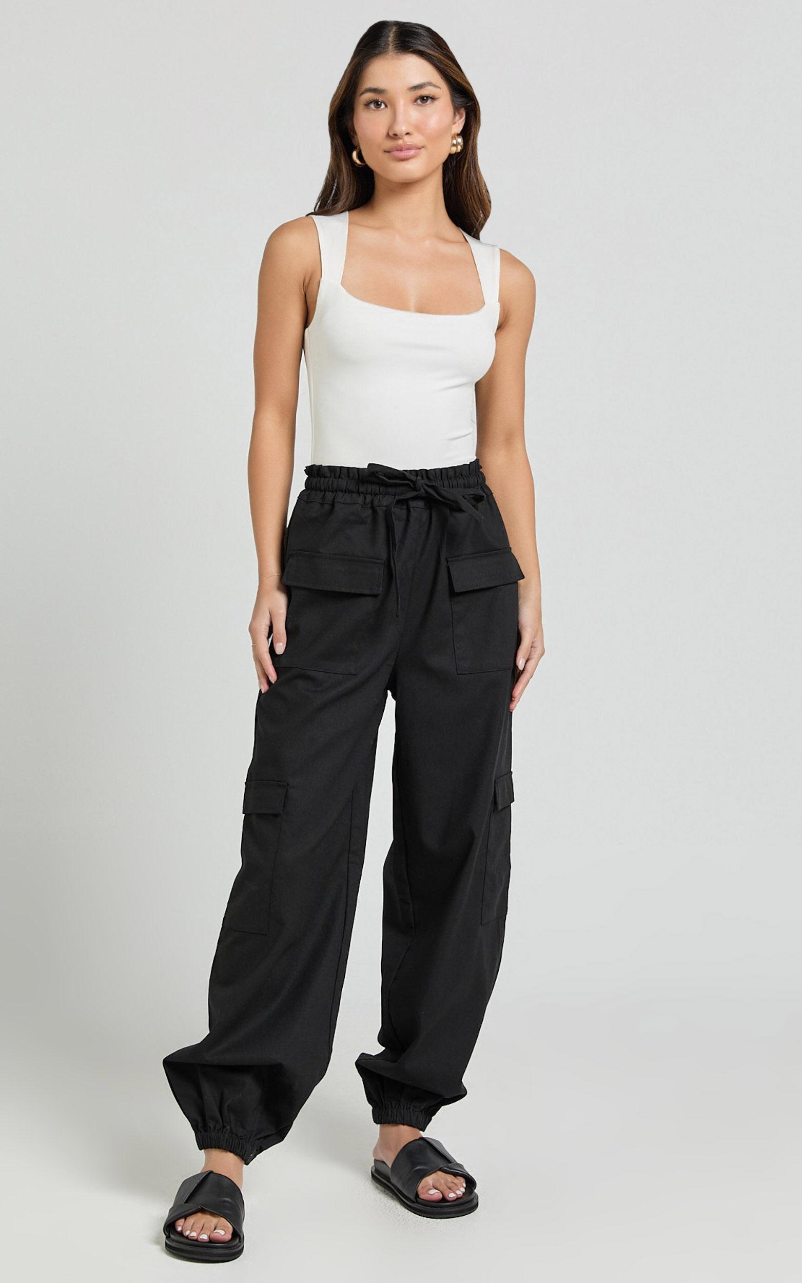 Simpson Pants - Linen Look Tie Waist Pocket Detail Cargo Pants in Black Product Image