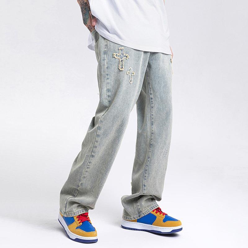 Sopula Unisex Men's Hip Hop Retro Ins Cross Embroidered Washed Jeans Product Image