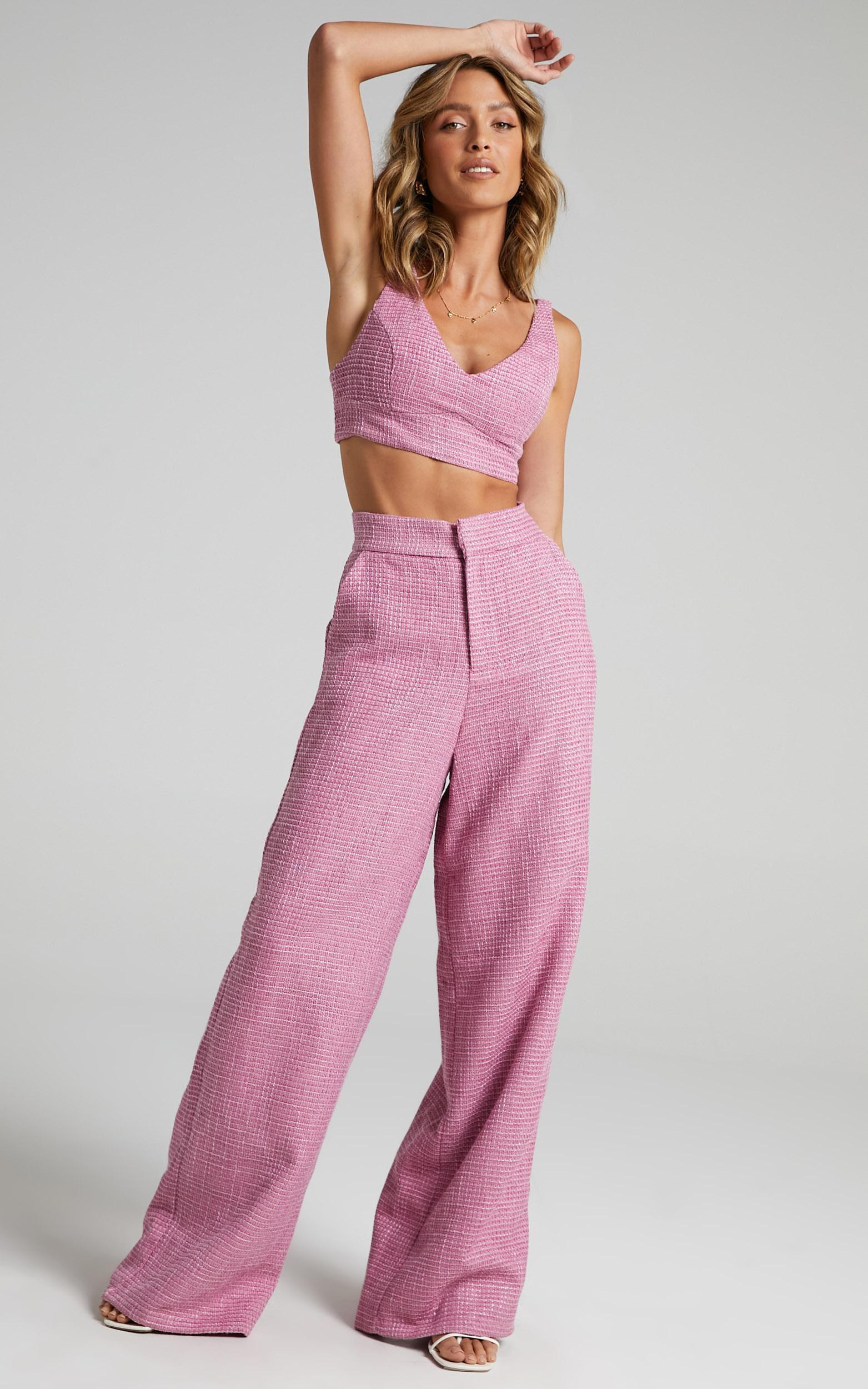 Adelaide Two Piece Set - Crop Top and Wide Leg Pants Set in Pink Product Image