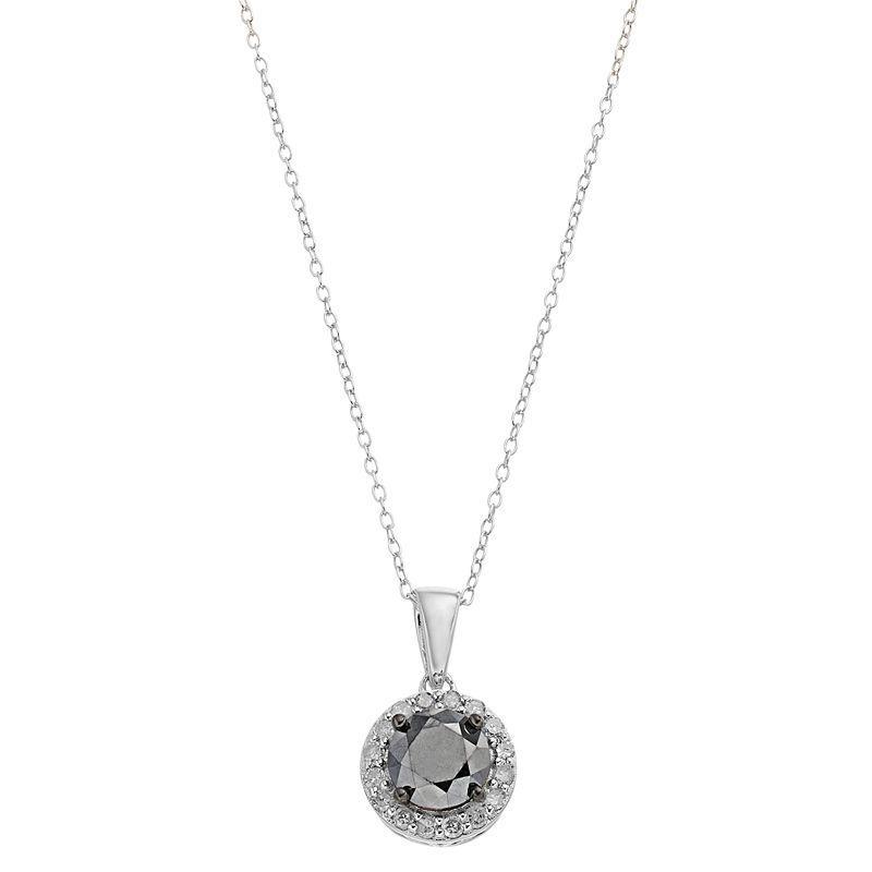 Sterling Silver 1 Carat T.W. Black Diamond Solitaire & White Diamond Halo Pendant Necklace, Womens Product Image