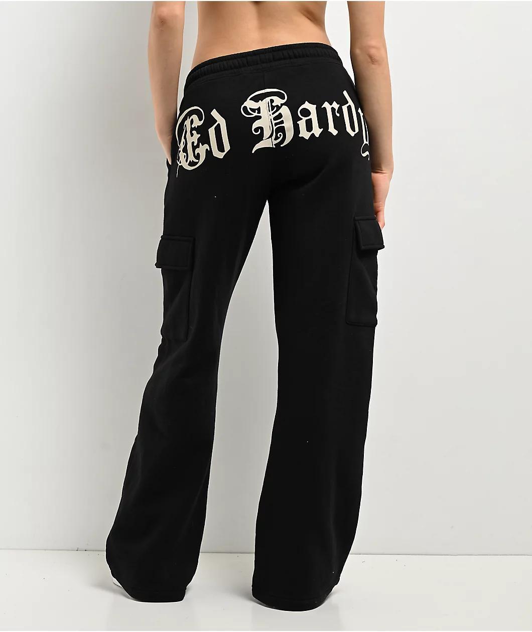 Ed Hardy Rose Skull Black Cargo Sweatpants Product Image