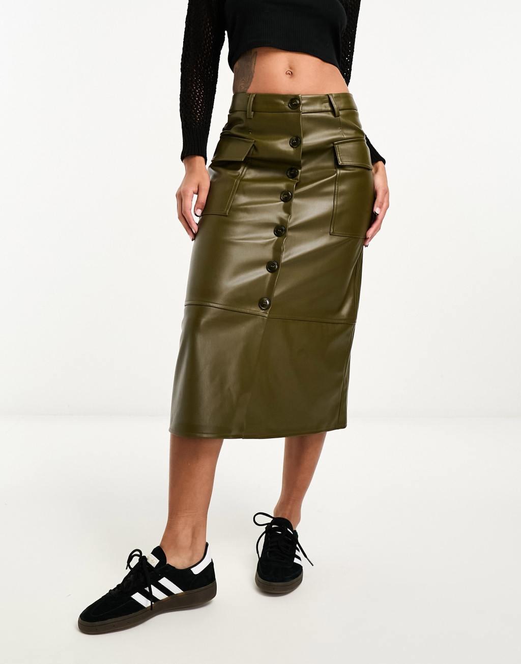 Only faux leather button down cargo midi skirt in khaki  product image