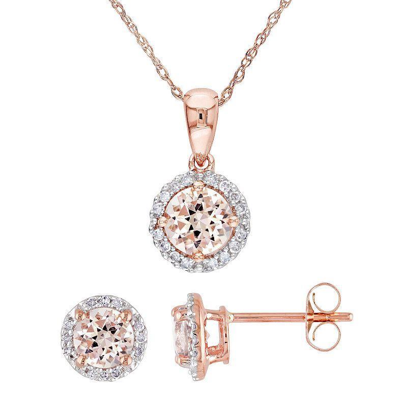 Stella Grace 10k Rose Gold Morganite & 1/6 Carat T.W. Diamond Halo Stud Earrings & Necklace Set, Womens 10k Rsgold Product Image