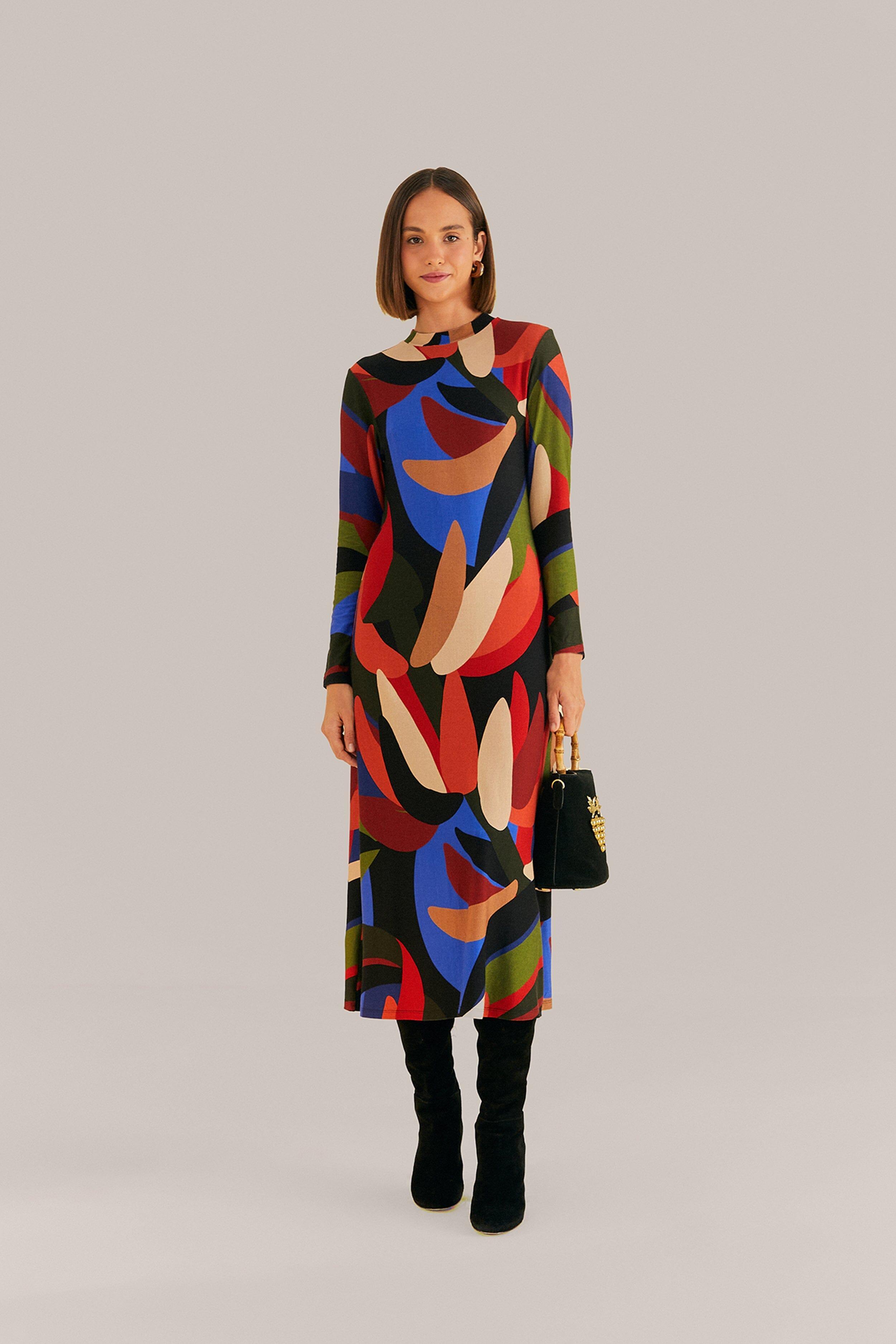 Multicolor Graphic Bananas Lenzing Ecovero Viscose Midi Dress, GRAPHIC BANANAS MULTICOLOR / XXS Product Image