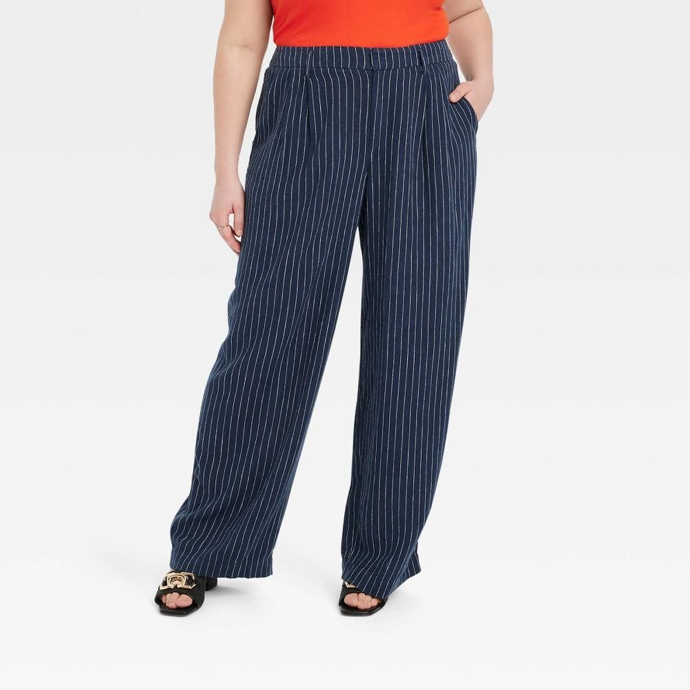 Womens High-Rise Linen Pleated Front Straight Pants - A New Day Navy/White Pinstripe 17 product image