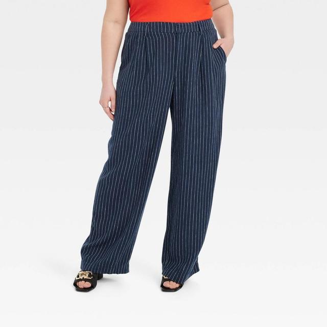 Womens High-Rise Linen Pleated Front Straight Pants - A New Day Navy/White Pinstripe 17 Product Image