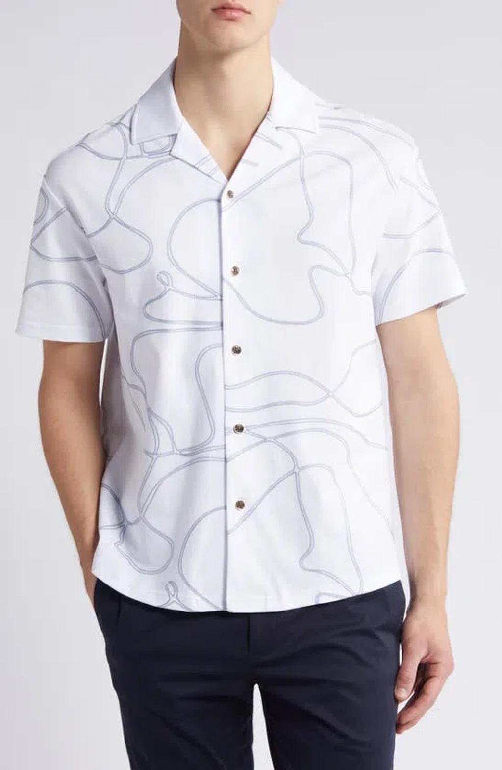 REISS Menton Cotton Swirl Embroidered Regular Fit Button Down Camp Shirt In White/air Force Product Image