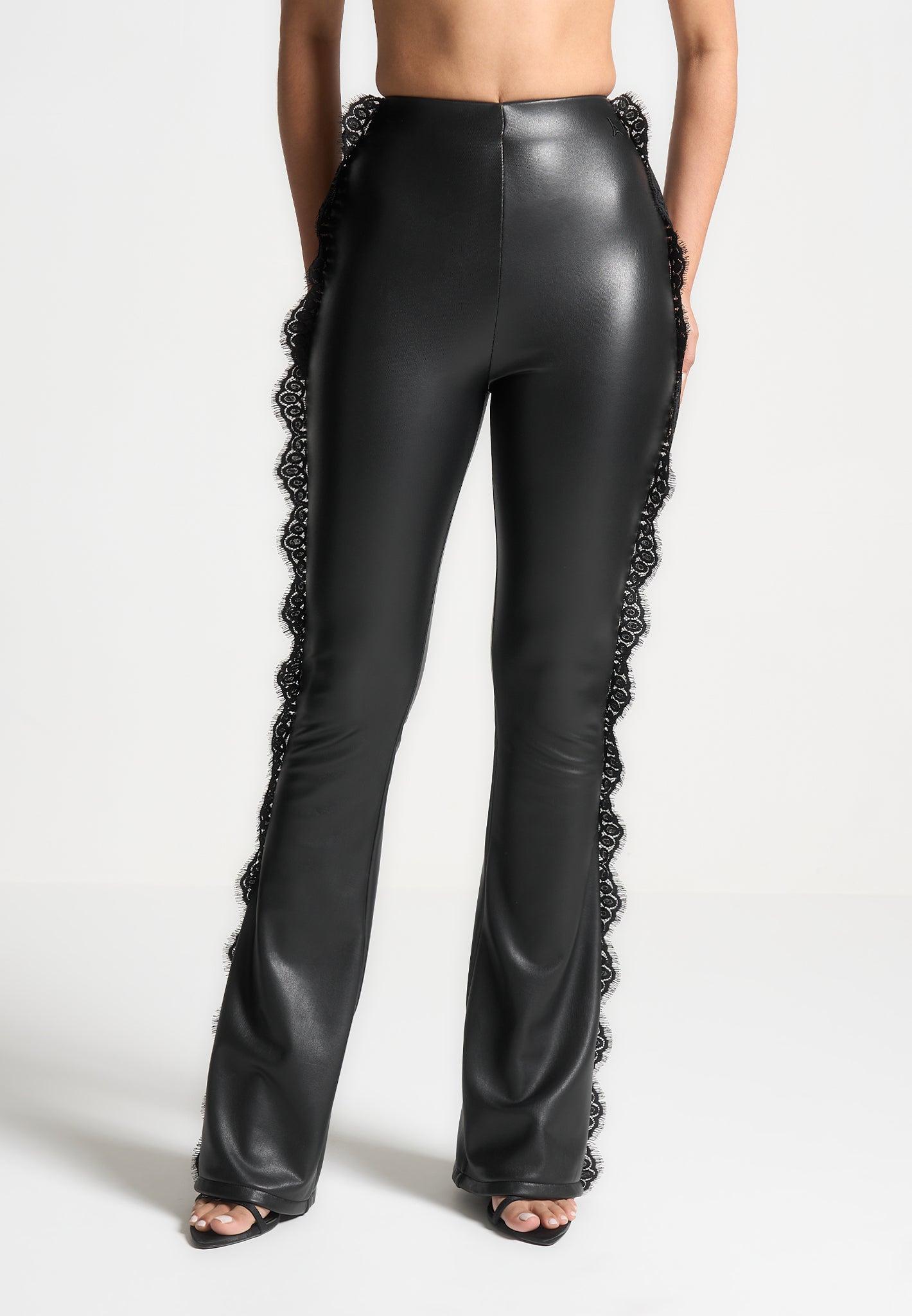 Lace Trim Vegan Leather Fit and Flare Leggings - Black Female Product Image