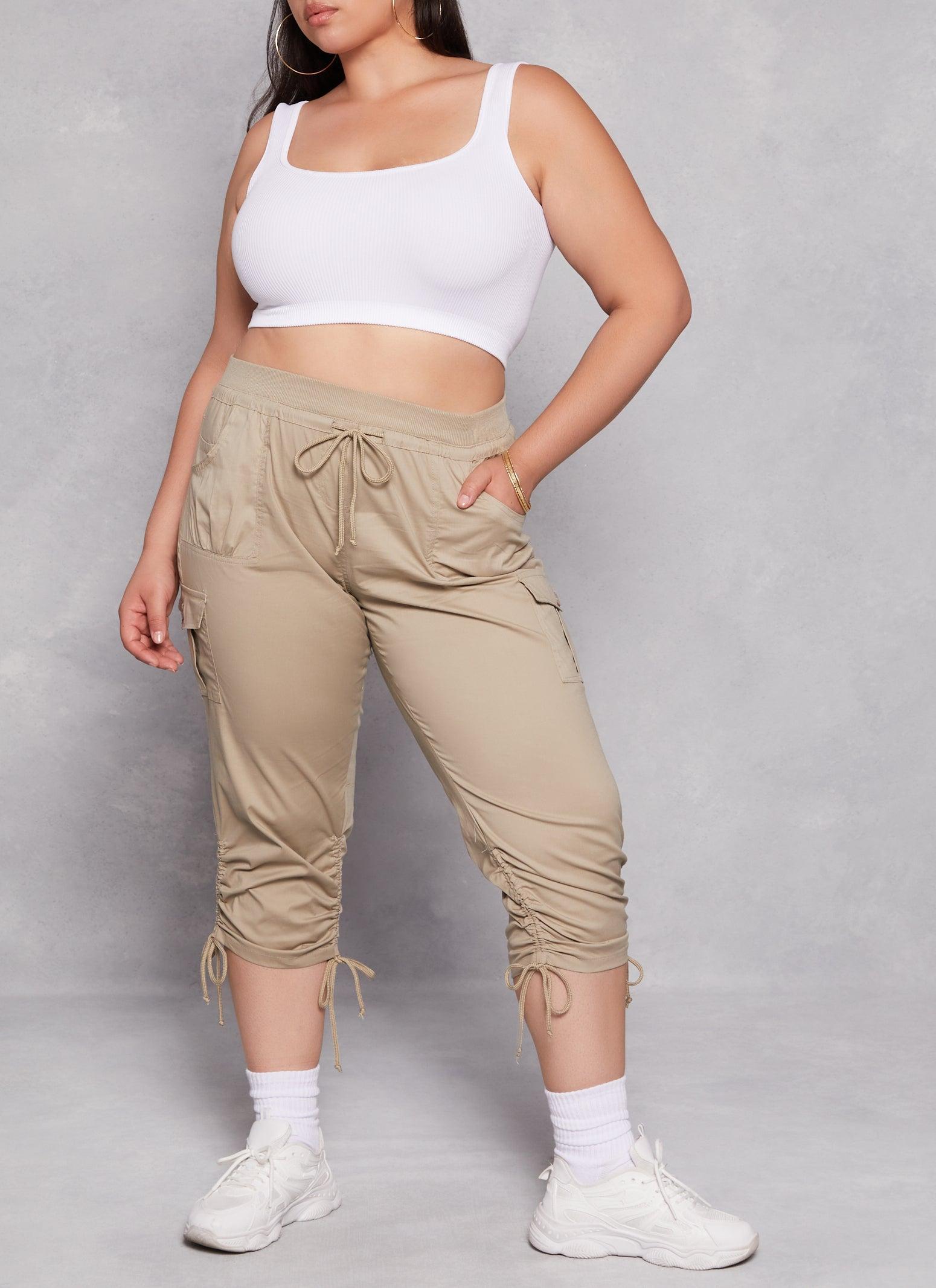 Womens Plus Size High Waisted Ruched Cargo Capri Pants Product Image