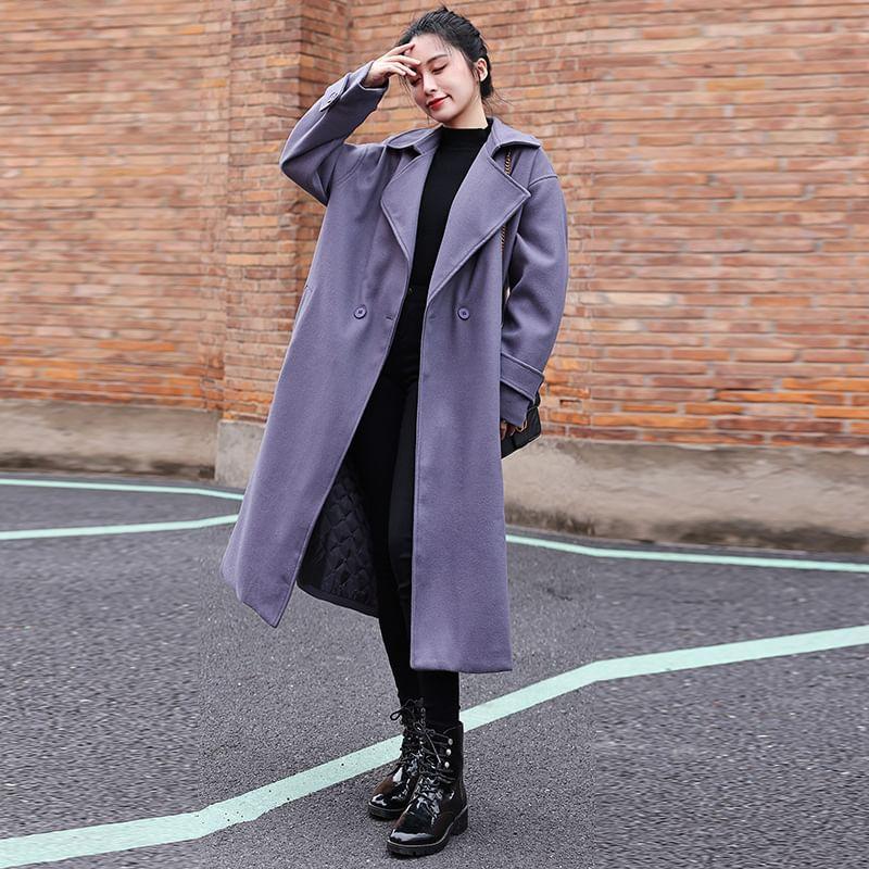 Lapel Collar Plain Double Breasted Long Coat Product Image