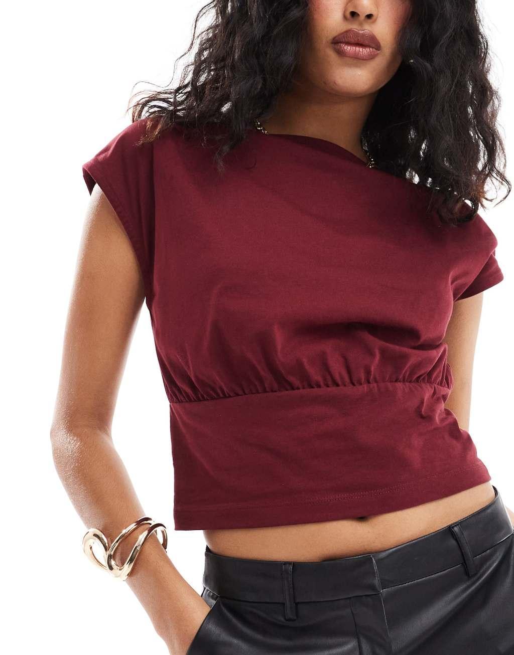 ASOS DESIGN cinched waist top in burgundy Product Image